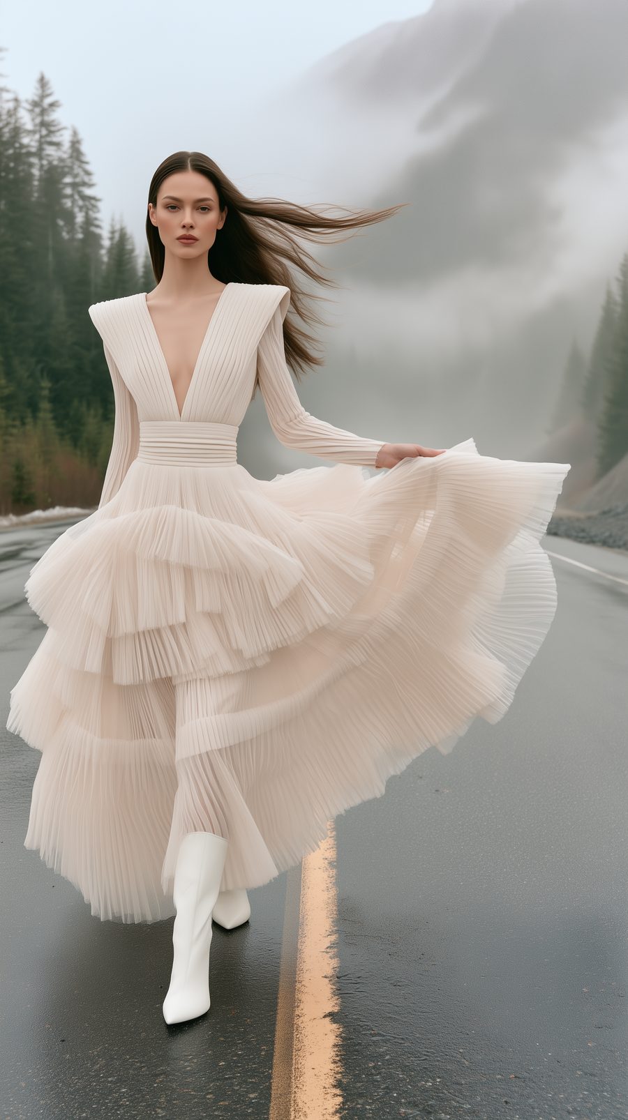 Sovereign Domain — walking down a misty mountain road in a pleated blush gown