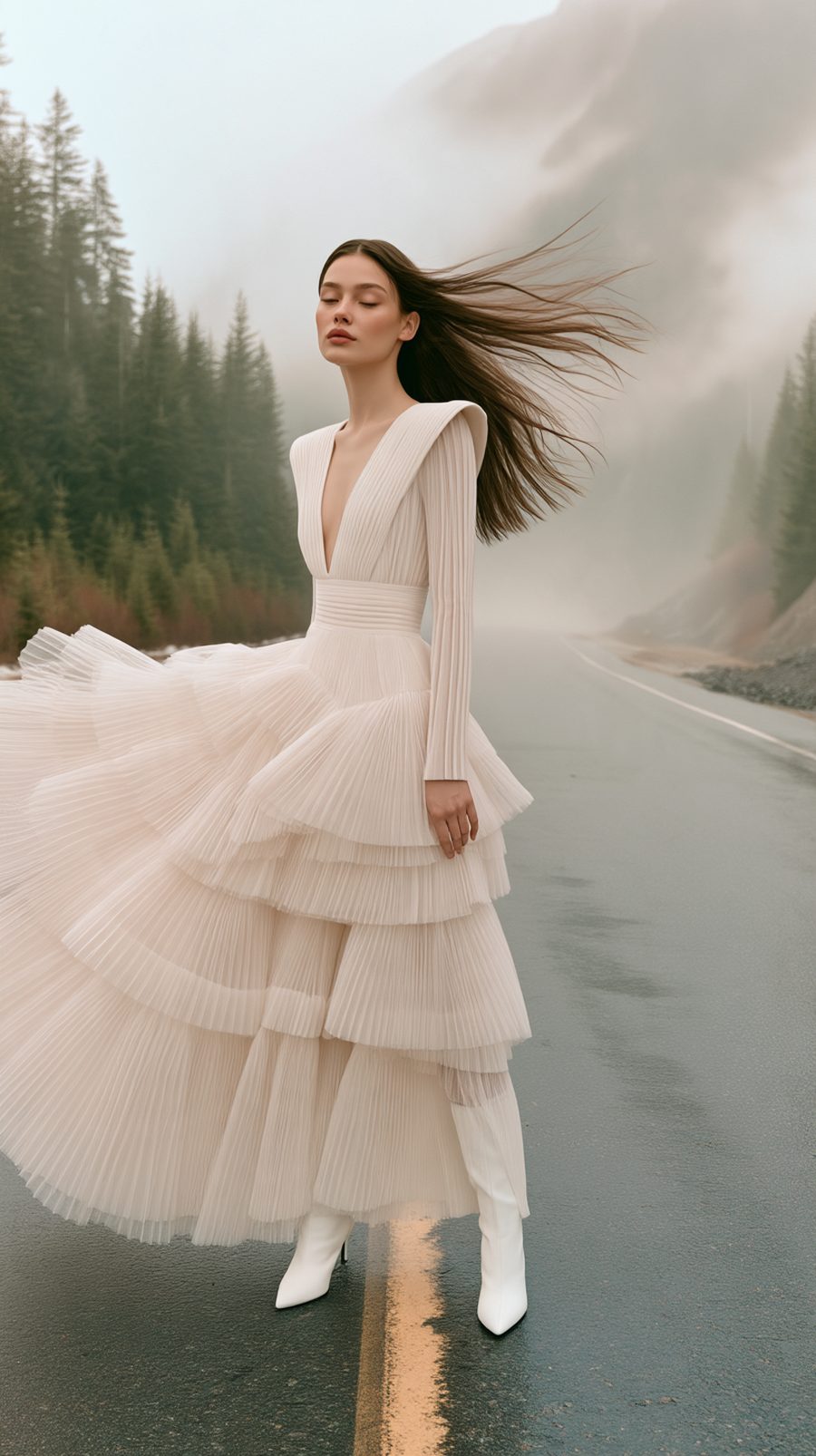 Sovereign Domain — eyes closed, wind in her hair on a fog-covered road