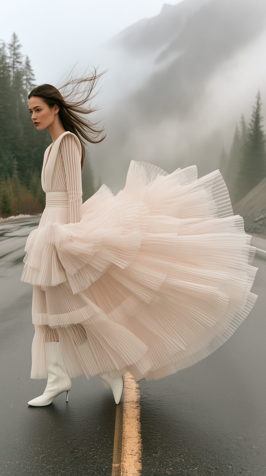 Sovereign Domain — in profile as the wind lifts her pleated skirt