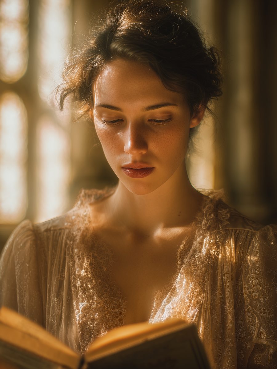 Haze Reflection — a woman reading by tall glowing windows