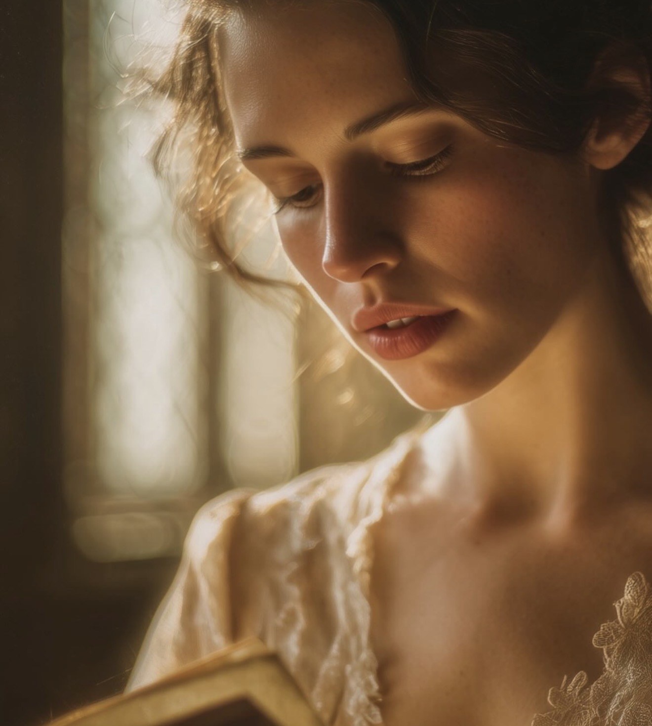 Haze Reflection — a woman reading in warm window light